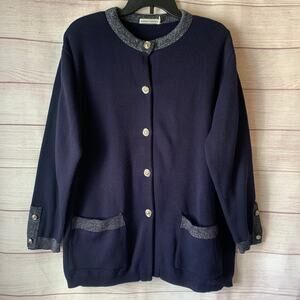 Vintage Karen Lessly Navy Cardigan Silver Metallic Thread and Rose Buttons Large